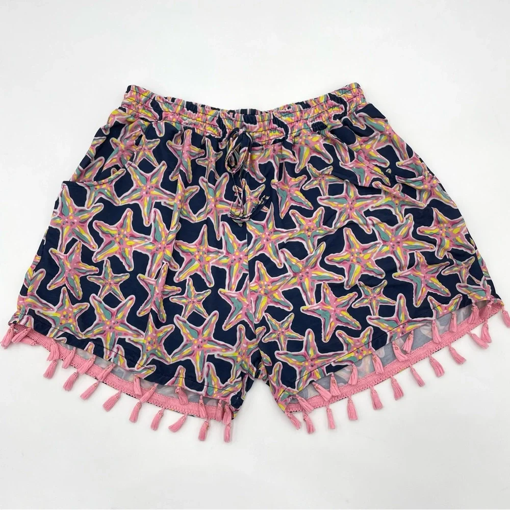 Simply Southern Shorts Starfish Design Navy Blue Tassles Size Large / XL Beachy‎